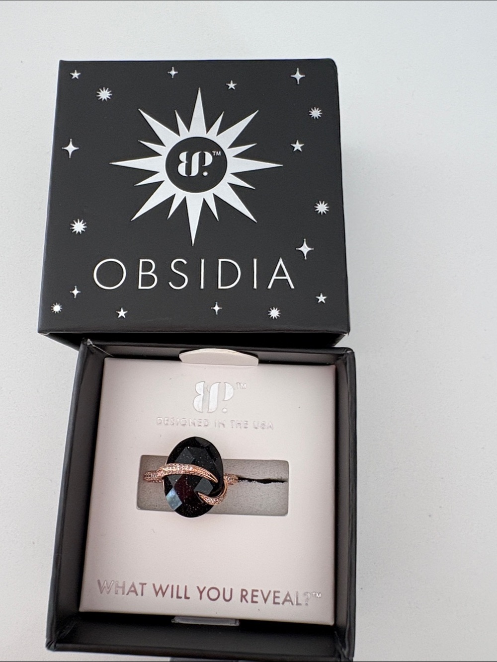 Obsidia Black Crystal Ring with Rose Gold Knot Accent
